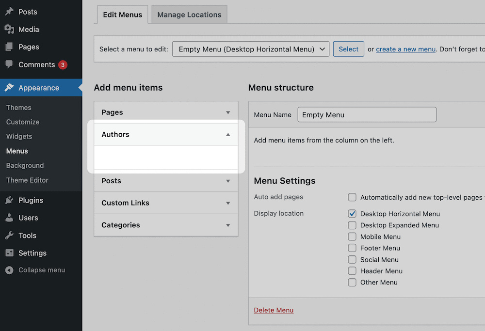 Unpopulated tabs within the Authors meta box.