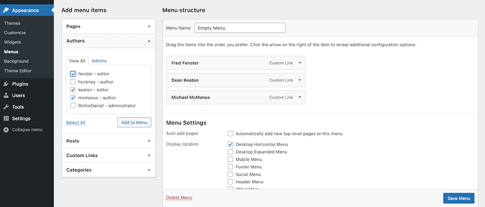 The finished Authors meta box within WordPress.