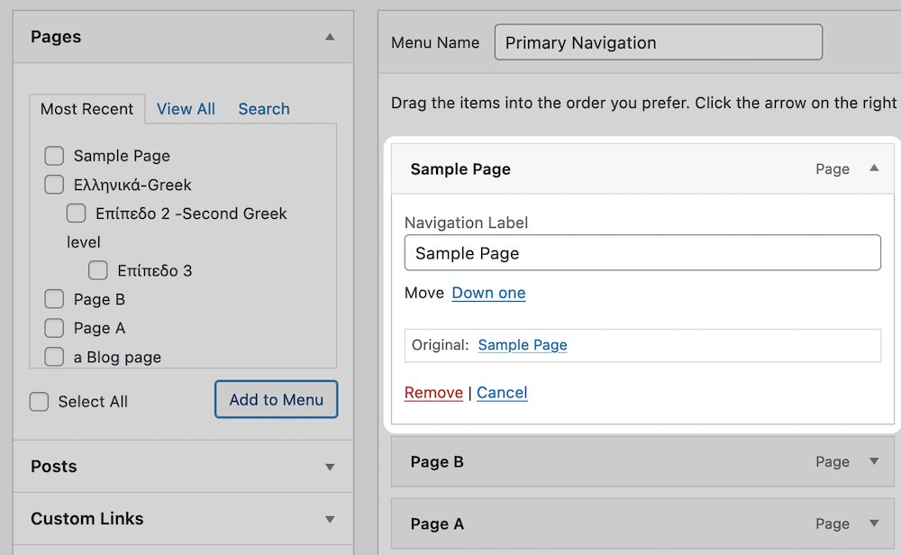 Expanding a menu item.