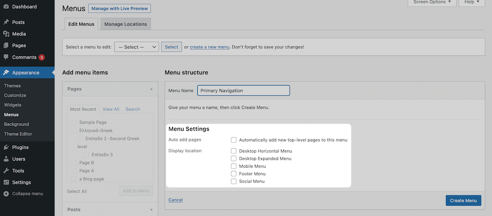 The Menu Settings section.