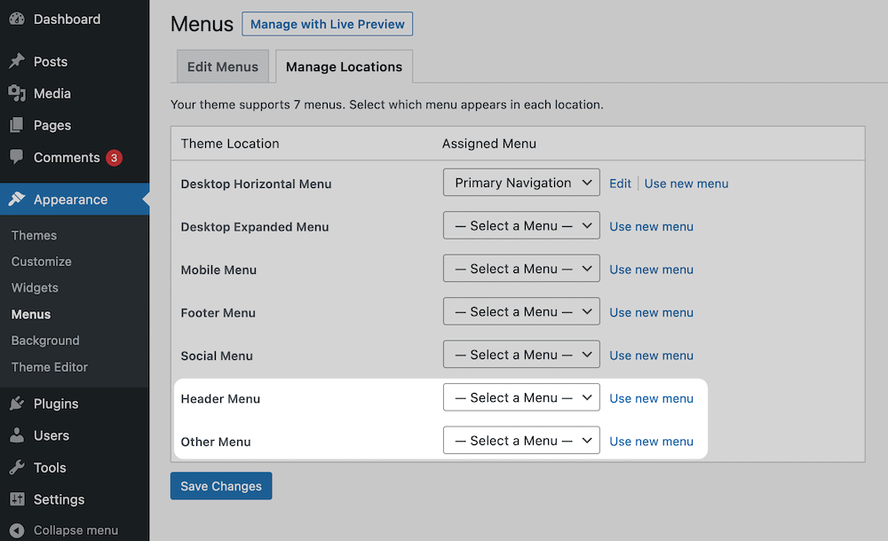 Registering menus in WordPress.