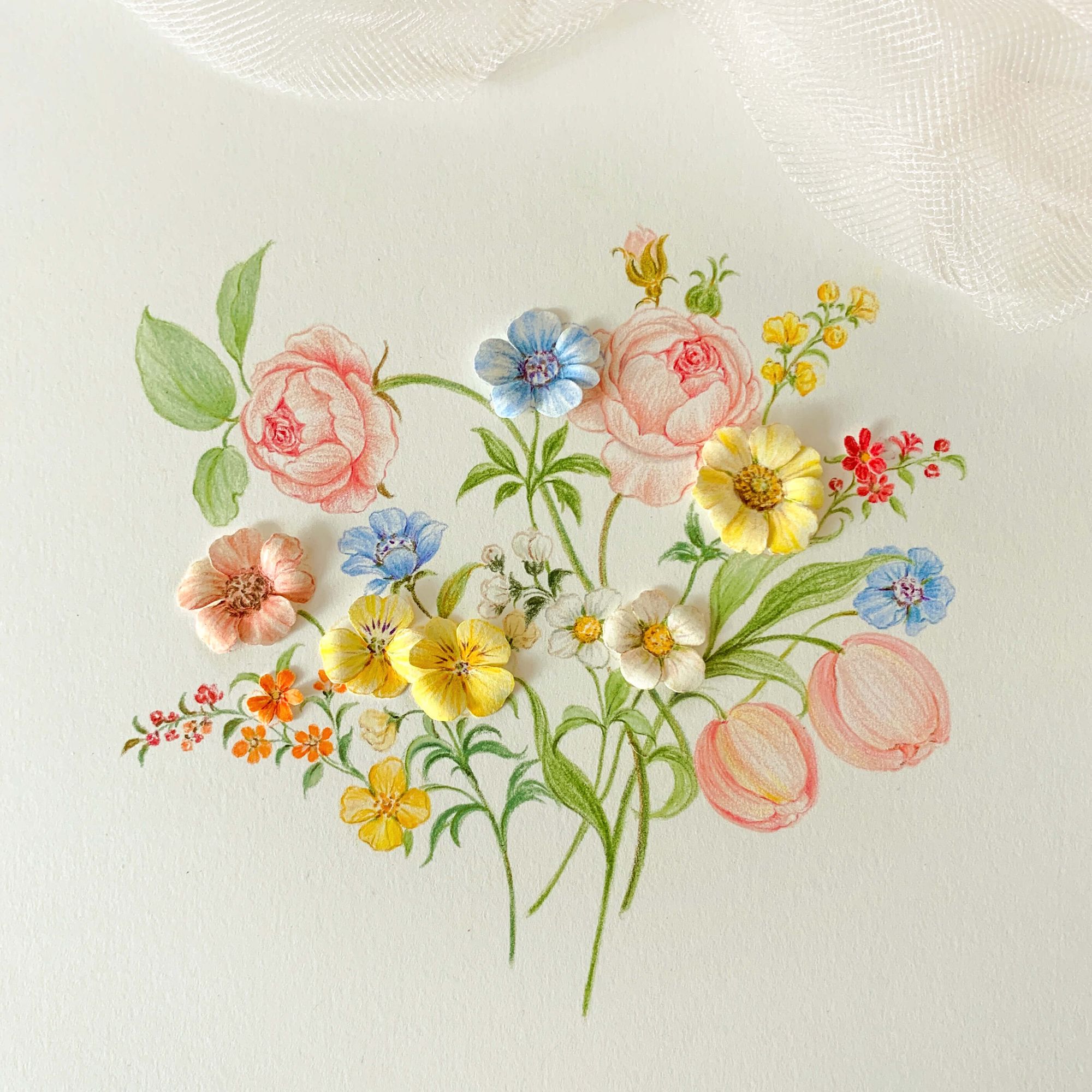 colored pencil flowers on a white paper
